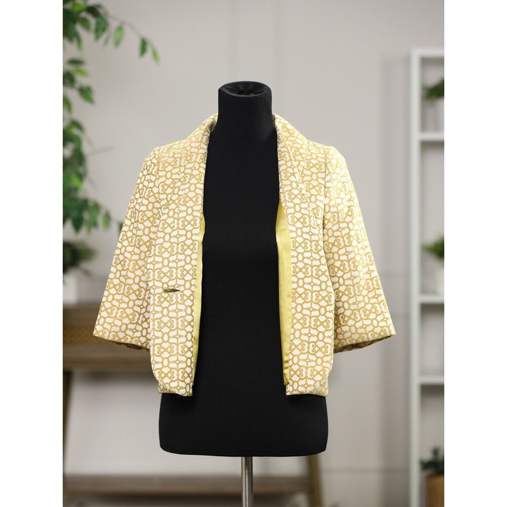 Milly Geometric Print Blazer Gold Rope Button Silk Lined Elbow Sleeve Jacket 2 - Picture 4 of 14